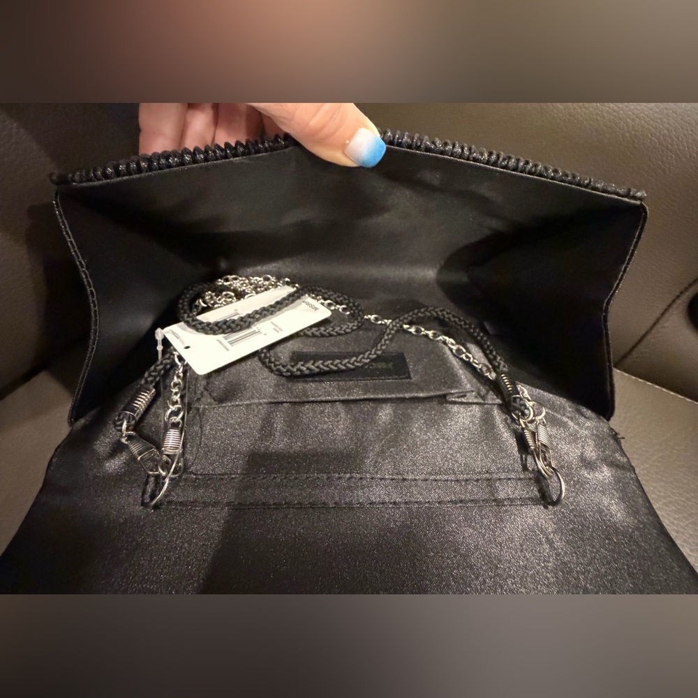 NWT! Adrienne Vittadini Black Pleated Clutch with Crystal Bow Accent - Picture 4 of 5